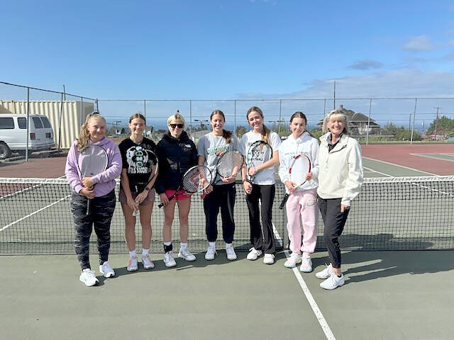 Port Angeles will compete today and Saturday at the Olympic League girls tennis championships at North Kitsap. Competing for the Roughriders are, from left, Bridget Weed (singles), Audrey Rudd (doubles), Pyper Alton (doubles), Cayleigh Alward (doubles), Abby Riffle (doubles), Emma Murray (singles) and head coach Stephanie Gochnour.