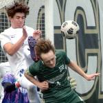 KEITH THORPE/PENINSULA DAILY NEWS
Port Angeles' Grant Butterworth, front, tries to steer an incoming corner kick as Olympic's Jackson Wyall and goalkeeper Mariano Pena defend the net during Saturday's playoff game at Peninsula College.