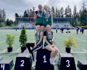 (Courtesy of Casey McDonald)
The Port Angeles girls 4x400 team took first place at the Olympic League track and field championships this weekend held in Belfair. From left to right, top are Storey Schmidt and Faerin Tait. From left to right bottom are Leia Larson and Brooke Pierce.