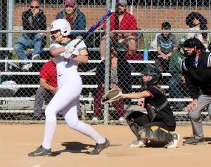 Port Angeles Lexie Smith went 4-for-4 with a home run against Kingston as the Roughriders won 10-1 to win sole possession of first place. (Dave Logan/for Peninsula Daily News)