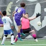 Sequims Nico Musso, third from left, scores the second goal the Wolves 2-0 Class 2A West Central District Tournament victory over Bremerton on Thursday at Peninsula Colleges Wally Sigmar Field. (Dave Logan/for Peninsula Daily News)