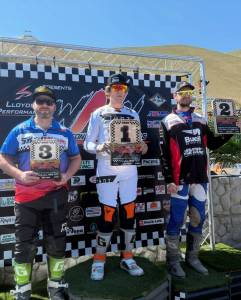 Port Angeles Jake Anstett, center, won the 450cc division of the American Motorcycle Association Pro Racings Washington Nitro Nationals Hillclimb in Sunnyside over the weekend. (Washington Nitro Nationals Hillclimb)