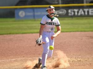 Port Angeles' Heidi Leitz pitched a perfect game with 19 strikeouts in the state tournament semifinals victory over Mark Morris. The Roughriders finished second at state, falling to Aberdeen 2-1 in the finals. (Dan Rosenfield/Longview Daily News)