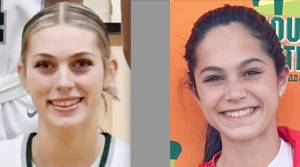 Port Angeles' Teanna Clark, left, won the West Central District 3 title in the javelin while Sequim's Clare Turella won the district championship in the high jump.