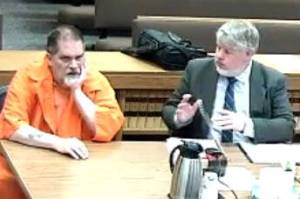 Dale Allen Jaff, 57, of Port Hadlock sits for his arraignment hearing on May 16 in Clallam County Superior Court. His appointed defense attorney, Alex Stalker, pleaded not guilty for Jaff to felony charges for robbing Sequims Kitsap Bank on April 9. (Clallam County Superior Court)