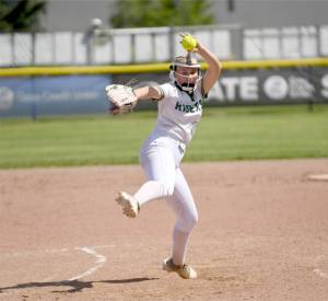 Port Angeles pitcher Heidi Leitz pitched a no-hitter and a perfect game during the state 2A tournament this weekend in Selah. She helped lead the Riders to the state championship game, which they lost 2-1 to Aberdeen. (Dan Rosenfield/Longview Daily News)
