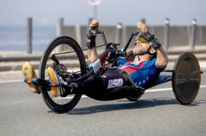 Port Angeles High School graduate Barry Wilcox competes in the 2025 World Cup in Belgium. He won all four races of the 2025 World Cup. (US Paralympics Cycling)