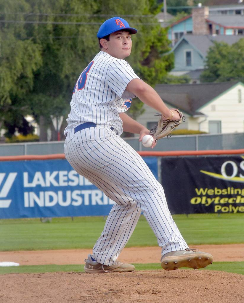 KEITH THORPE/PENINSULA DAILY NEWS
Lefties pitcher Seth Wrightstone throws against Kamloops on Friday evening at Port Angeles Civic Field.