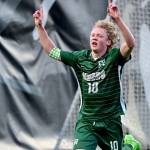 Port Angeles' Matthew Miller celebrates one of his 22 goals this season for the Roughriders. (Jay Cline)