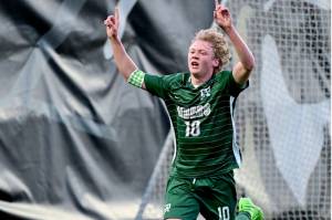 Port Angeles' Matthew Miller celebrates one of his 22 goals this season for the Roughriders. (Jay Cline)