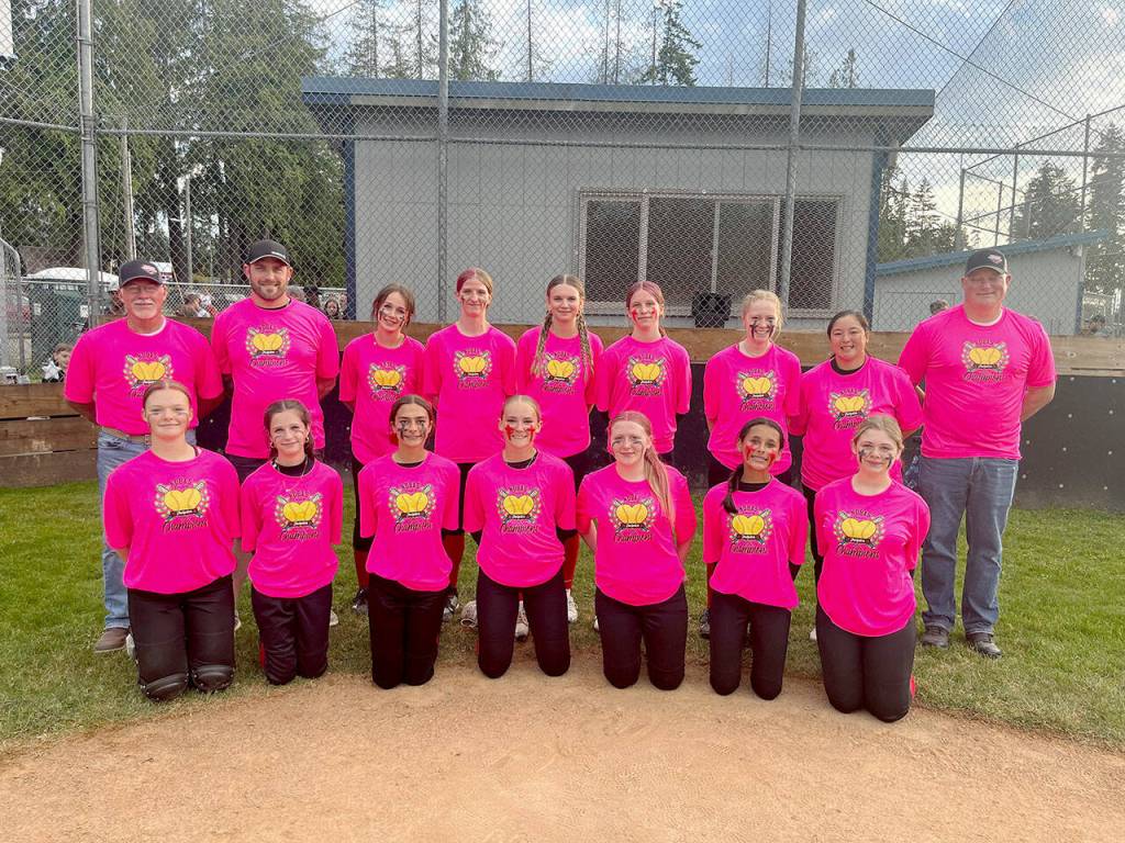 KONP claimed the North Olympic Baseball and Softball 16U Seniors Softball championship recently at Jim Lunt Field at Lincoln Park. Seniors Softball 16U - KONP (Pink shirts) Back row, from left, assistant Coach Rick Melvin, assistant Coach Curt Stern, Maci Pressley, Aubrey Whitaker, Allison Leitz, Chloe Underwood, Peyton Smith, head coach Kayla Yoshioka, assistant coach Scott Hedrick. Front row, Clara Berry, Madison Knapp, Maggie Conkle, Keira Headrick, Erika Osterberg, Nyah Langdon and Jayden DeGoede.