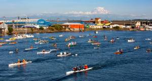 A flotilla of racers takes off in Tacoma on Friday on its way to Port Townsend for the 2025 SEVENTY48 human-powered race. (Mark Cole)