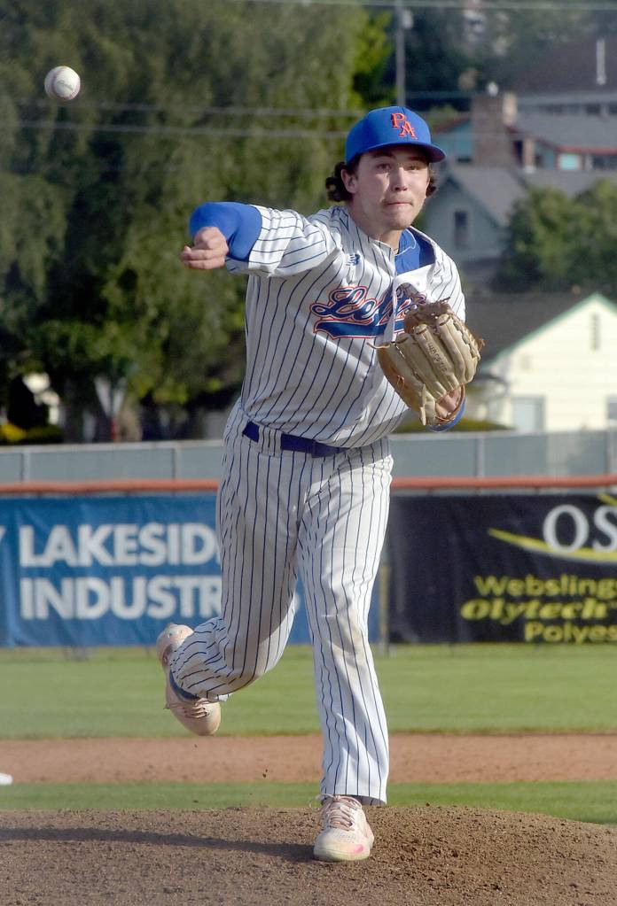 Lefties pitcher Brad Johnson throws against the Seattle Gumberoos on Thursday evening in Port Angeles. (Keith Thorpe/Peninsula Daily News)