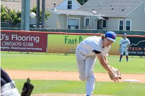 Port Angeles Lefties starter Brad Johnson delivers a pitch to the plate Sunday at Civic Field. Johnson went four innings and allowed just one hit in the Lefties' fifth-straight victory. (Dave Logan/for Peninsula Daily News)