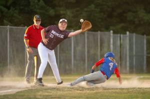 Above, East Jeffersons Logan Segar slides safely into third base ahead of the tag during the teams 2025 Washington State Juniors tournament 17-0 win over Montesano over the weekend. East Jefferson is 2-0 in the tournament with a spot in the West Region Tournament in Bend, Ore., on the line. (The Aberdeen Daily World)