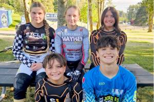 From left, back row, are Kylin Weitz, Teyah Elofson-Cross, Elinor Christensen. From left, front row, are Warren Christensen and Wyatt Christensen. (Lincoln Park BMX)
