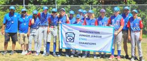 The EJLL team won the state junior Little League championship last weekend, beating Stilly Valley 15-4. From left are coach Rafe Thornton, Coach Seth Boltinghouse, Noah Guenther, Braecen Anglin, Trig Fountain, Brayden Tuttle, Quinn Brinton, Mason Heinzinger, Shaun Guenther, Luca Blake, Logan Segar, Carson Boltinghouse, Devon Murray, Head Coach Dean Murray and Carter Thornton.