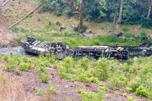 A tanker truck overturned into Indian Creek west of Port Angeles, according to the State Patrol and the state Department of Transportation. U.S. Highway 101 was closed Friday afternoon at milepost 238 near Herrick Road, and traffic was being diverted to state Highway 112. (Katherine Weatherwax via X)