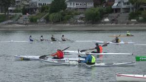 Danielle Woodhouse, Eagle Zuniga, Kai Erskine and Owen Standerwick lead all boats off the starting line at the Budd Inlet Regatta in Olympia last weekend. (Olympic Peninsula Rowing Association)