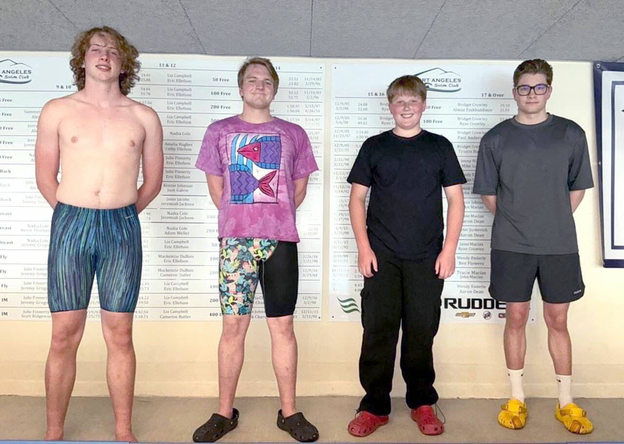 Port Angeles Swim Club Port Angeles Swim Clubs record are hanging on the walls of the Shore Aquatic Center again thanks to new record boards donated by Riddell Auto and First Federal Community Bank. The clubs most recent record holders stand in front of the new boards from left: Miles Van Denburg, Thomas Jones, JB Vanderheiden and Almaz Faskhutdinov.
