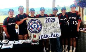 The North Olympic 13U team was at Agnew Grocery on Thursday holding a raffle to raise money to pay for their trip to play in the Babe Ruth 13U World Series in Jamestown, N.Y. There is also a GoFundMe at https://tinyurl.com/OlyWorldSeries. The Babe Ruth World Series begins on Aug. 16. From left are team members Cooper Merritt, Jacob Kimsey, Noah Kiser, Gavin Doyle, Tristan Konopaski, Carson Greenstreet and Liam Shea. (Pierre LaBossiere/Peninsula Daily News)