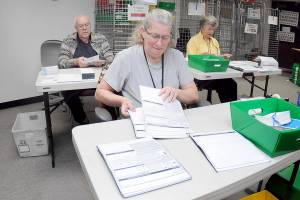 Clallam County election workers Shellie Andrews of Port Angeles, front, Ray Farrell of Forks, left, and Kathy Schreiner of Sequim organize ballots on Tuesday at the Clallam County Courthouse. Primary election results from Tuesday night are at cmg-northwest2.go-vip.net/peninsuladailynews, and coverage of the election will be in Thursdays print edition. (Keith Thorpe/Peninsula Daily News)