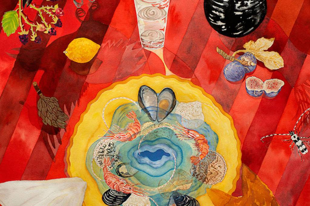 The Red Table, a large-scale watercolor by Linda Okazaki, will appear in the Potluck Banquet exhibition at Northwind Arts Jeanette Best Gallery in downtown Port Townsend. (Linda Okazaki)