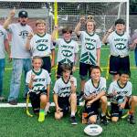 The Joyce Jets 11U champion flag football team. From left, back row, are coach Lukas Cox, coach Ryan Sage, Thomas Dalgardno, Desmond Sprague, Rebel Shea, Noah Murphie and coach Brian Shimko. From left, front row, are Emma Lee, Darren Heward, Koltyn White and William Goldman. (Sam Kneiss)