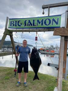 Gunnar Fjelstul set the states spear fishing record for halibut, catching this 58-pound flatfish while freediving over the weekend at Neah Bay. Fjelstul already held the state spearfish records for lingcod (31.34) and blue rockfish (5.08), both caught off Neah Bay in 2023.