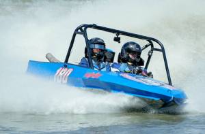 The Jolly Rogers 180 boat driven by Eric Werner and navigated by Jen Farmer, here racing in Port Angeles in July, won the 400 class at the American Sprint Boat Race event held this weekend at the Extreme Sports Park. It was the fifth race that the Jolly Rogers 180 boat won this summer. (Jeff Halstead/for Peninsula Daily News)