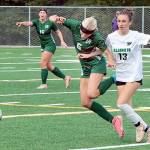 Dave Logan/for Peninsula Daily News
Port Angeles' Pyper Alton (6) battles Klahowya's Sylvia Kemp for the ball Monday at the Monroe Playfield. In the background is Port Angeles' Alayna Marazon (16). Port Angeles won 2-1 on a late goal by Mariah Traband.