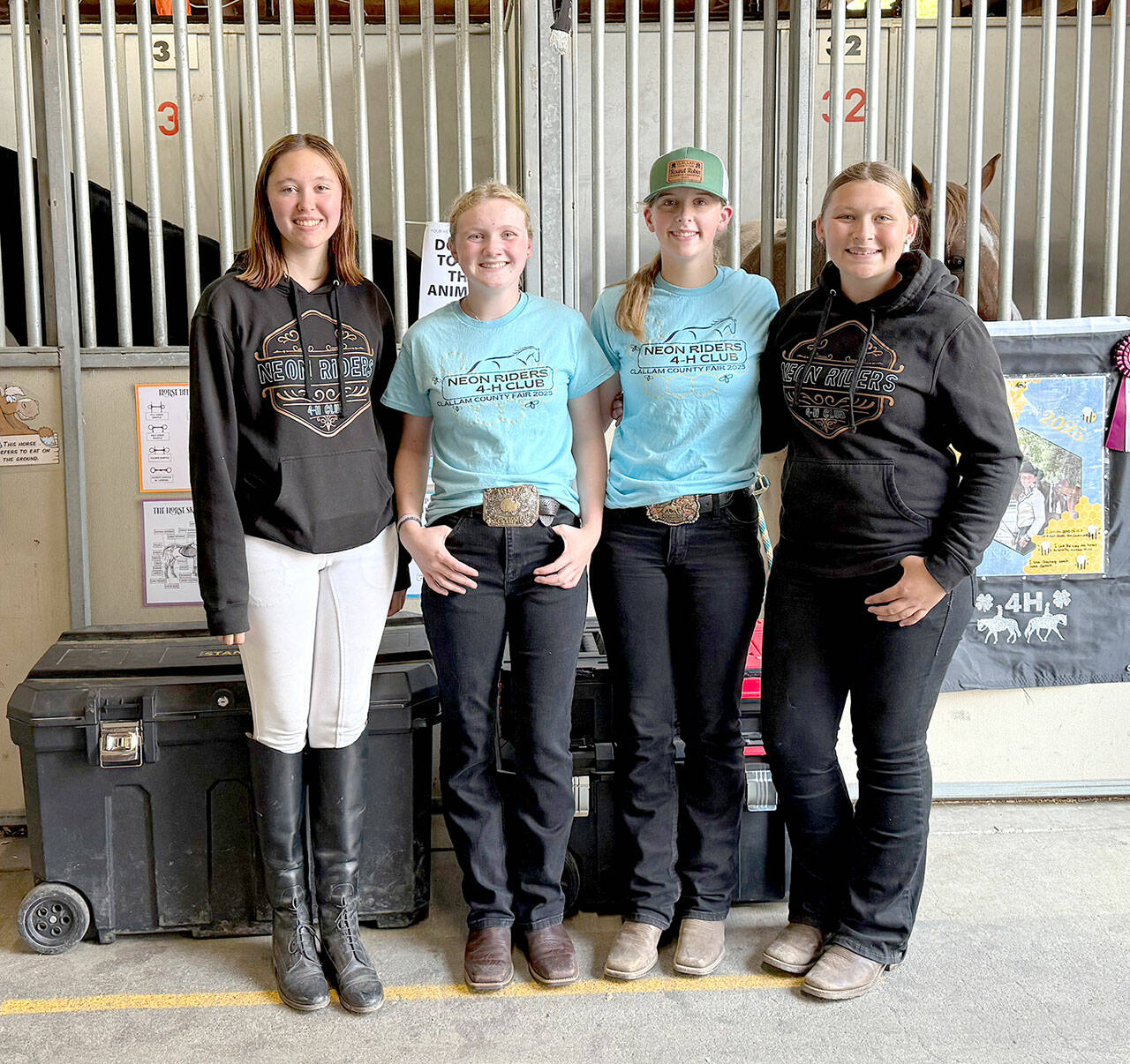 Photo by Katie Newton
Neon Riders 4-H Senior division riders who did well last weekend at the Washington State Fair were Katelynn Sharpe, left, Kenzi winters, Elise Sirguy and Paisley Morris. Not pictured is Showstoppers 4-H Brooklyn Glavin. Riders at that fair must first qualify by being a top winner in their event at the Clallam County Fair.