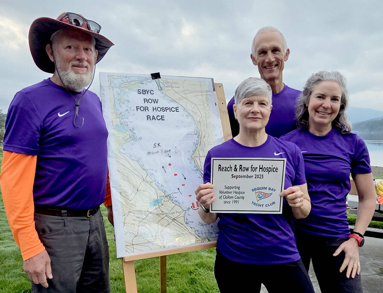 Port Townsends Wonderquad, sculling in a quad, took the top prize in the 5K rowing and paddling race at Sequim Bay Yacht Clubs annual Reach and Row for Hospice benefit this weekend. Team members are Kathleen Wood-Smith, David Winters, Ron Moller and Amy Grace.