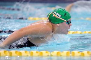 Michael Dashiell/Olympic Peninsula News Group
Port Angeles' Amaya Nelson earned a new personal best-time while swimming to a second-place finish in the 100-yard butterfly during an Olympic League swim meet with Sequim on Wednesday at the YMCA of Sequim.