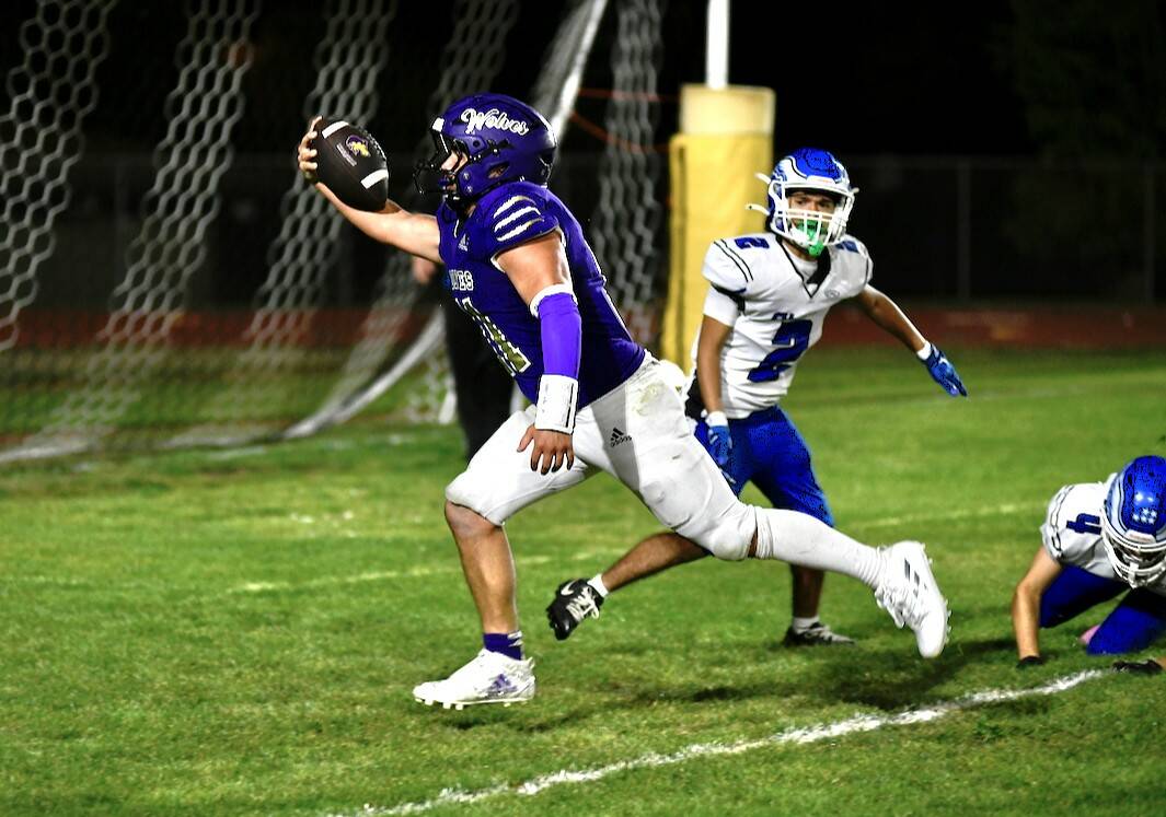 Sequims Zeke Schmadeke makes a touchdown catch against Elma Friday night in Sequim during the Wolves 49-30 victory. (Jacques Star/Olympic Peninsula News Group)