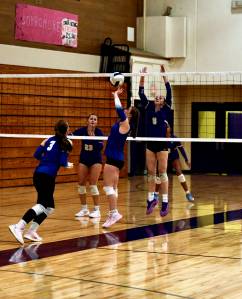 Jacques Star/Olympic Peninsula News Group
Sequims Rose Gibson, far right, is set to block defensively as Olympic setter Gwyn Rivaldi tips the ball up over the net during the Wolves 3-0 win over the Trojans on Tuesday.