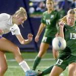 KEITH THORPE/PENINSULA DAILY NEWS
Sequim's (#10), left, passes the ball past Port Angeles' Brooke Pierce as Pierce's teammates Sophia Ritchie and Becca Manson prepare to give chase on Thursday in Port Angeles.
