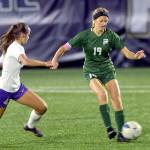 KEITH THORPE/PENINSULA DAILY NEWS
Port Angeles' Becca Manson, right, works to keep control as Sequim's (#4) approaches in midfield on Thursday at Wally Sigmar Field.