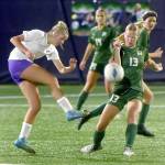KEITH THORPE/PENINSULA DAILY NEWS
Sequim's (#10), left, passes the ball past Port Angeles' Brooke Pierce as Pierce's teammates Sophia Ritchie and Becca Manson prepare to give chase on Thursday in Port Angeles.