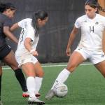 KEITH THORPE/PENINSULA DAILY NEWS
Peninsula's Layla Bejar, right, gets blocking assistance from teammate Shiori Shintaku as Shoreline's Milka Embaye advances for the ball on Saturday in Port Angeles.