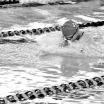 Dave Logan/for Peninsula Daily News
Port Angeles freshman Ellie Karjalainen leads while swimming the breaststroke portion of the 200-yard medley relay race during a swim meet with East Jefferson on Wednesday at Shore Aquatic Center in Port Angeles.