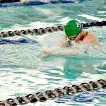 Dave Logan/for Peninsula Daily News
Port Angeles freshman Ellie Karjalainen leads while swimming the breaststroke portion of the 200-yard medley relay race during a swim meet with East Jefferson on Wednesday at Shore Aquatic Center in Port Angeles.