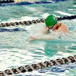 Dave Logan/for Peninsula Daily News Port Angeles freshman Ellie Karjalainen leads while swimming the breaststroke portion of the 200-yard medley relay race during a swim meet with East Jefferson on Wednesday at Shore Aquatic Center in Port Angeles.