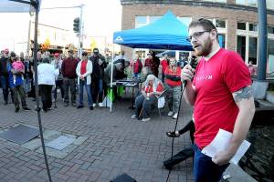 Dalton Tullis of Port Angeles speaks at a rally commemorating the life of conservative activist Charlie Kirk on Tuesday at the Conrad Dyer Memorial Fountain in downtown Port Angeles. The group hopes to develop a local chapter of the Turning Point USA student organization in honor of Kirk, who was assassinated on Sept. 10. The rally was held on the 32nd anniversary of Kirks birth. (Keith Thorpe/Peninsula Daily News)