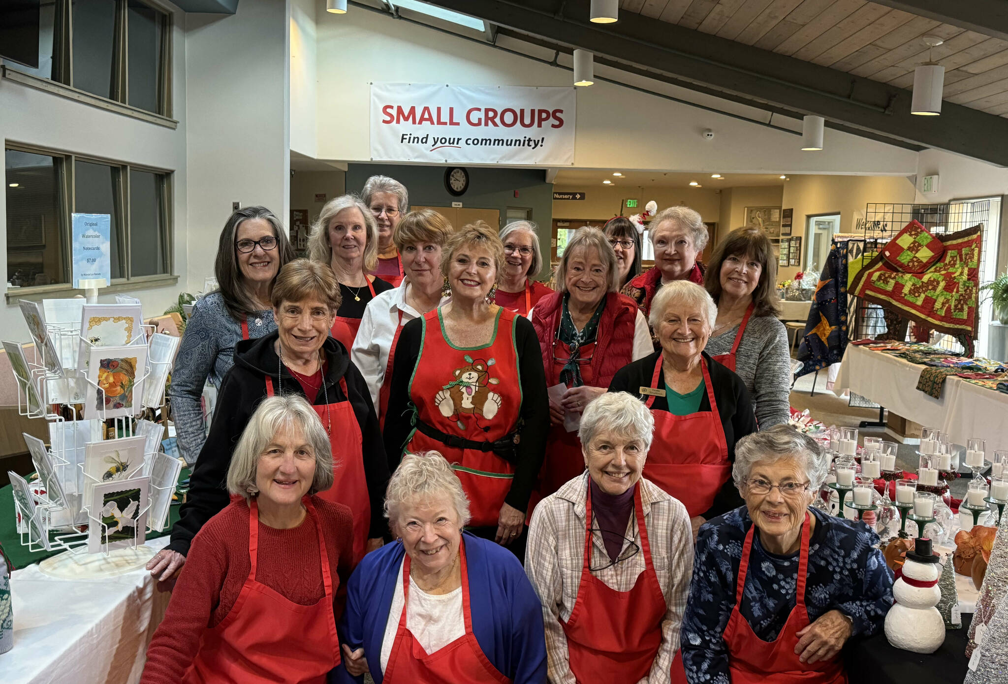 Philanthropic Educational Organization Chapter JC members who hosted the 2024 Holiday Bazaar in Sequim are, from left to right, front to back: Mary Ann Dangman, Jane Martin, Valerie Grier, Esther Alward, Peggy Scheideler, Darlene Neeley, Dottie Smallbeck, Debby Jewell, Anne Schutz, Jane Barker, Heather Minter, Nancy Buehler, Marcia Barrett, Julianne Rossiter, Glenda Rudolph, and Anne Mauger. (Kathy Cox)