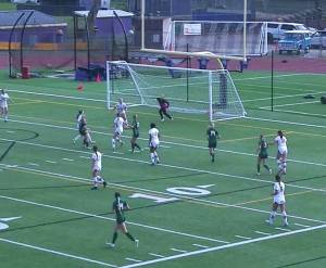 Port Angeles' Emma Desjardins knocked a ball high in the air off a throw-in to score the Riders' first goal Saturday against Orting. (Hudl)