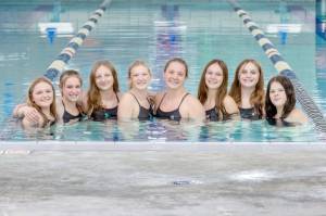 The Port Angeles District 3 swim team will send three relay swimmers and three individuals to state. From left, are Mia Francis, Chloe Kay-Sanders, Anaya Tejeda, Ellie Karjalainen, Lizzy Shaw, Lynzee Reid, Lucy Townsend and Amayah Nelson.