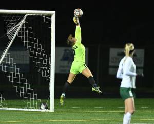 Taylor Balkom/The Columbian
Port Angeles senior Kennedy Rognlien stretches to make a save during the Roughriders' 1-0 loss to Hockinson in a Class 2A girls soccer state tournament game at Battle Ground High School. This was Rognlien's 16th and final save of the game.