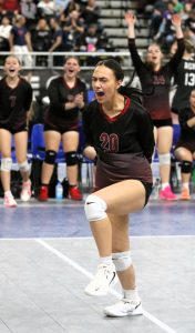 Keylee Tavoi celebrates a Neah Bay point during the Red Devils Class 1B state volleyball tournament victory over Valley Christian. Neah Bay (19-3) faced Wilbur-Creston-Keller for the 5th-6th-place trophy late Thursday at the Yakima Valley SunDome. Roger Harnack/Cheney Free Press