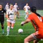 Kasi Baker (18) scored a goal for the Peninsula College in the NWAC semifinals Friday in Tukwila. (Jay Cline/Peninsula College)